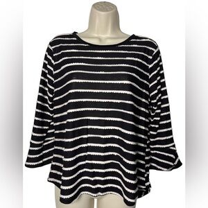 Elle Black and Scalloped White Trim Striped Top Slight Bell Sleeves SZ M Modern